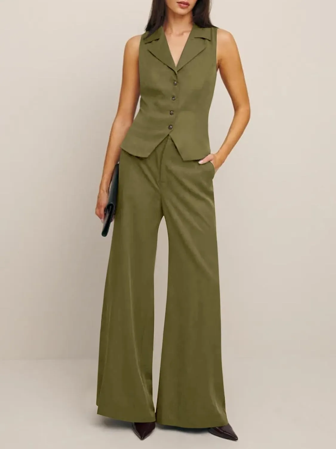 Cicy Bell Womens Vest Sets Summer 2 Piece Outfits Button Crop Blazer Vest and Wide Leg Pant Suits