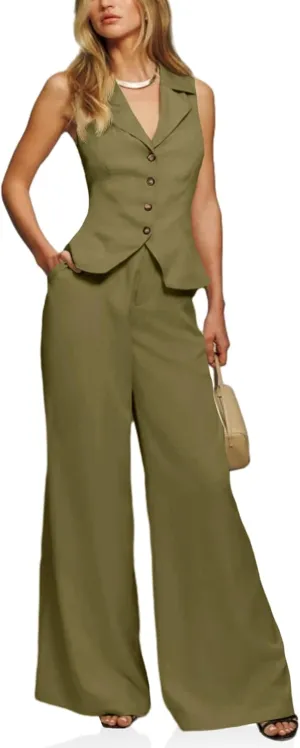 Cicy Bell Womens Vest Sets Summer 2 Piece Outfits Button Crop Blazer Vest and Wide Leg Pant Suits