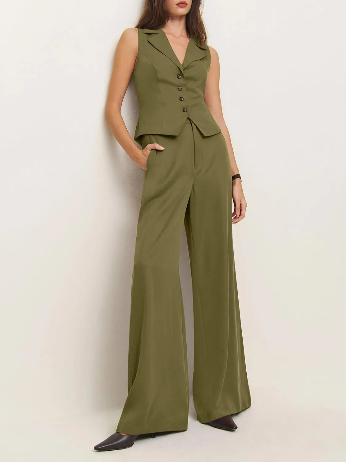 Cicy Bell Womens Vest Sets Summer 2 Piece Outfits Button Crop Blazer Vest and Wide Leg Pant Suits