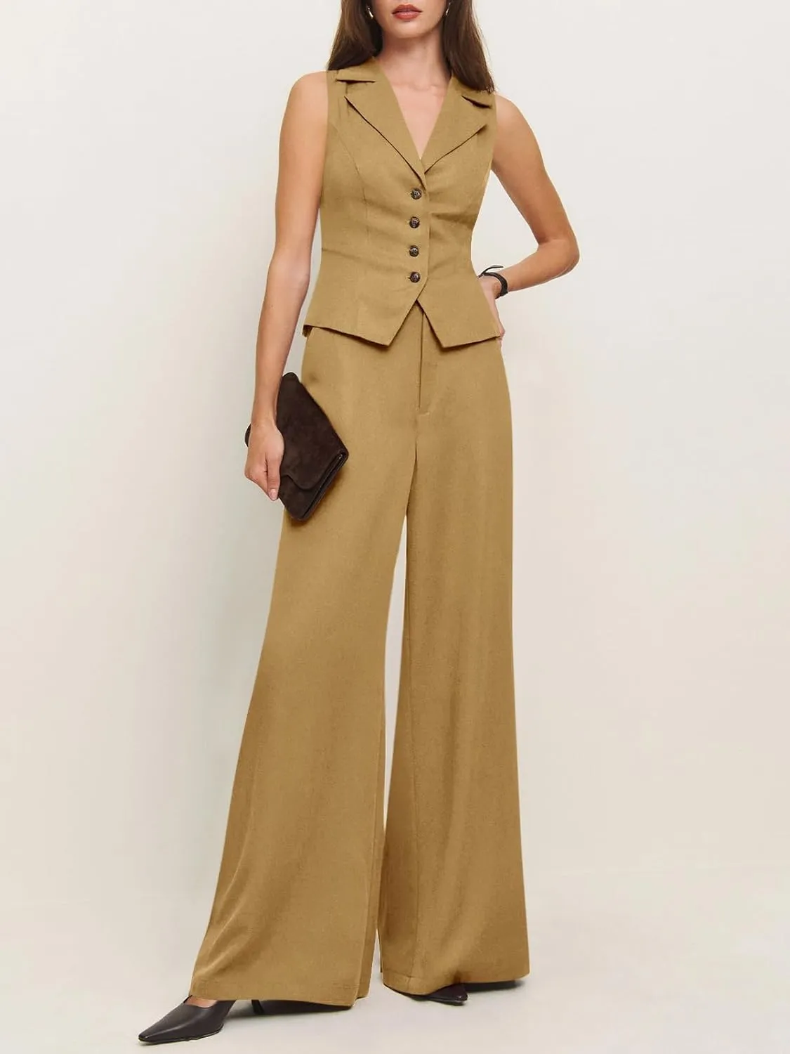Cicy Bell Womens Vest Sets Summer 2 Piece Outfits Button Crop Blazer Vest and Wide Leg Pant Suits