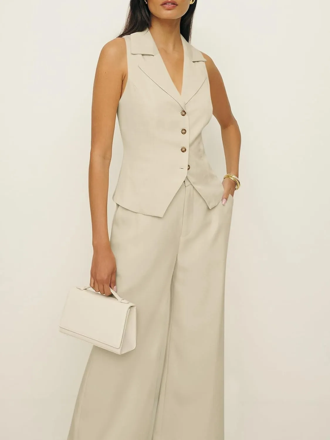 Cicy Bell Womens Vest Sets Summer 2 Piece Outfits Button Crop Blazer Vest and Wide Leg Pant Suits