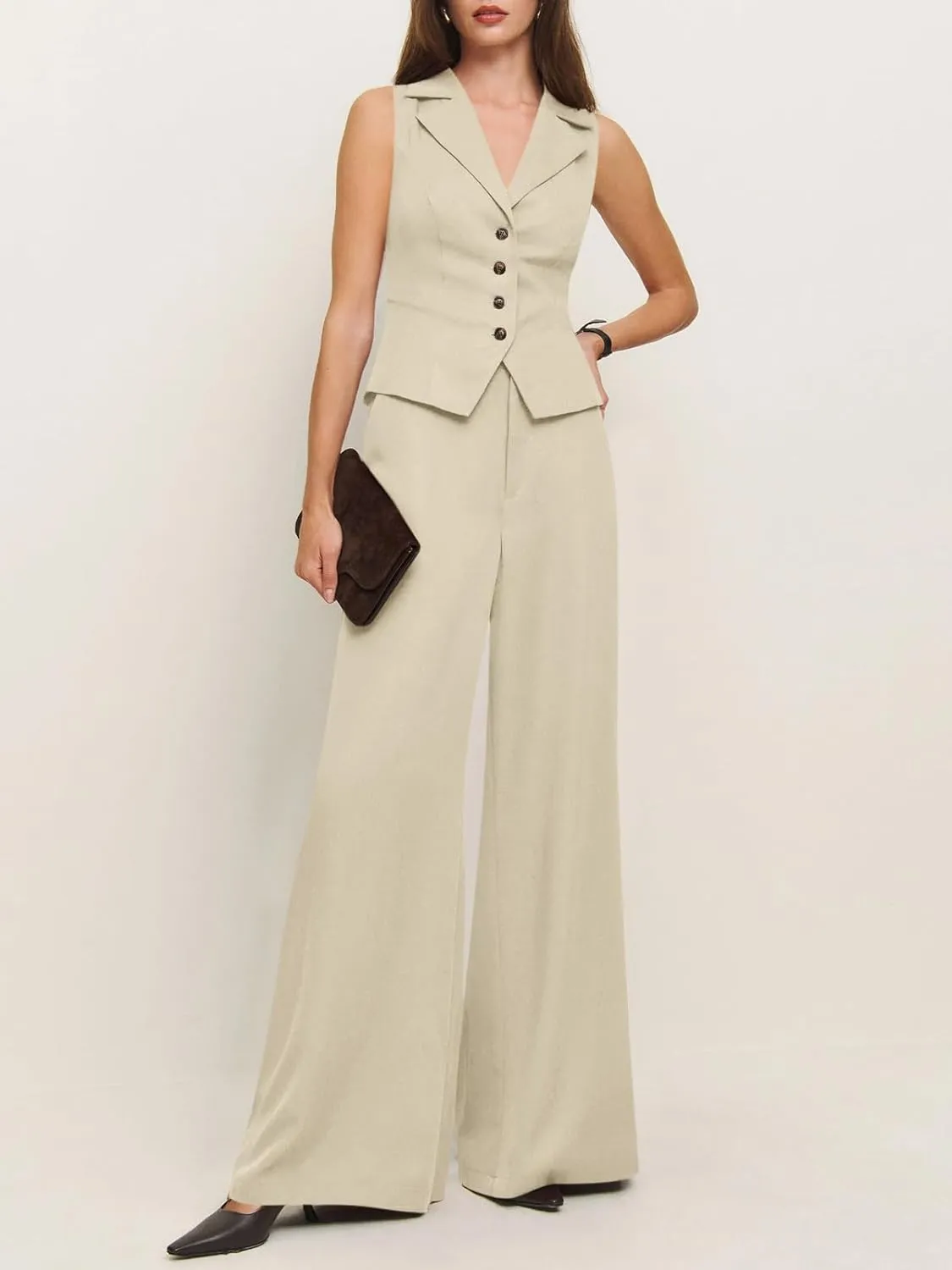 Cicy Bell Womens Vest Sets Summer 2 Piece Outfits Button Crop Blazer Vest and Wide Leg Pant Suits