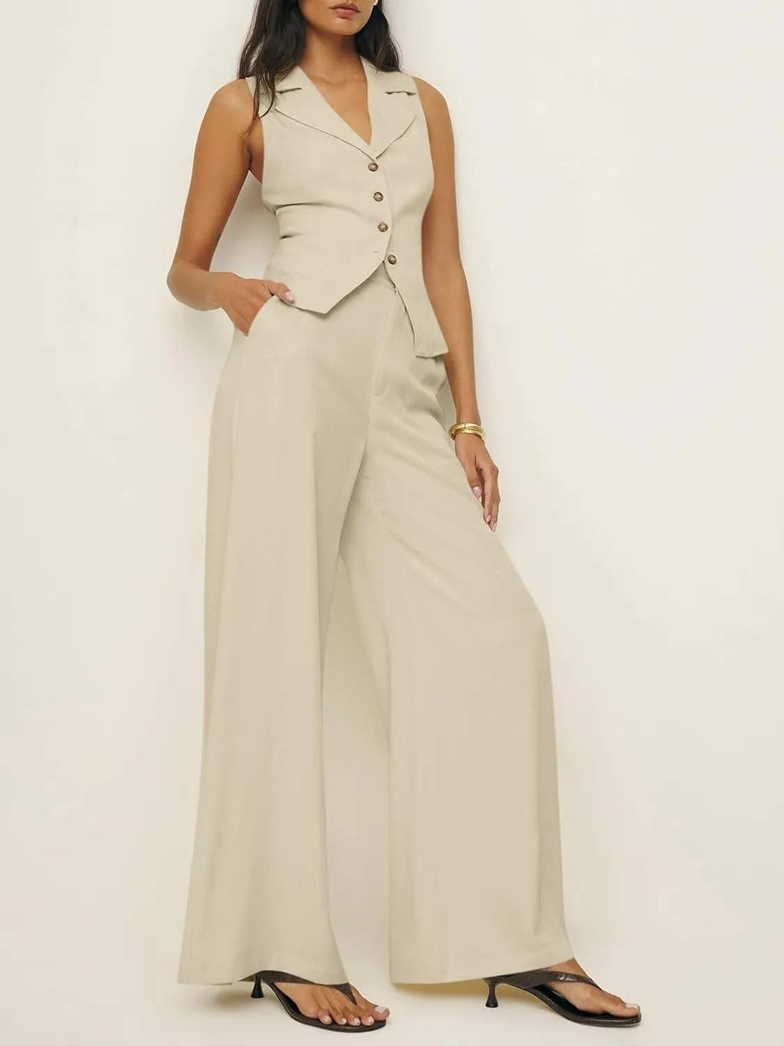 Cicy Bell Womens Vest Sets Summer 2 Piece Outfits Button Crop Blazer Vest and Wide Leg Pant Suits
