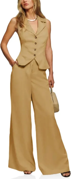 Cicy Bell Womens Vest Sets Summer 2 Piece Outfits Button Crop Blazer Vest and Wide Leg Pant Suits