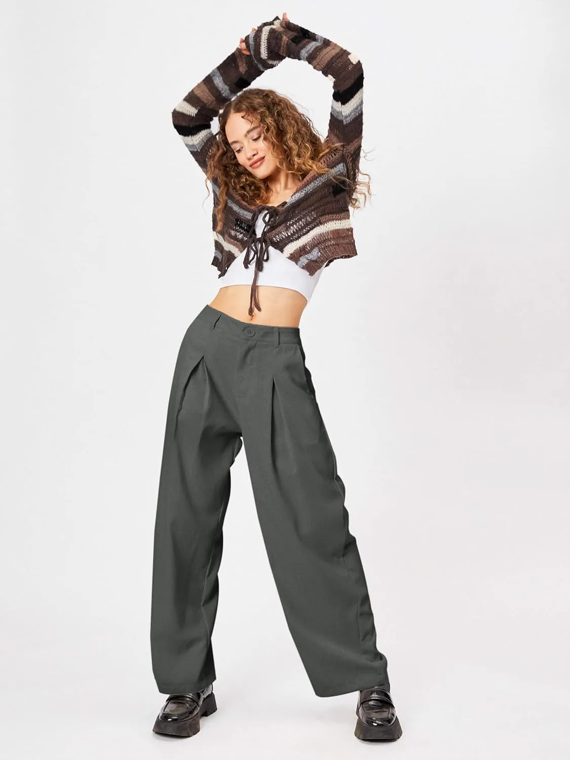 CIDER Milk Tea Pleated Wide Leg Trousers