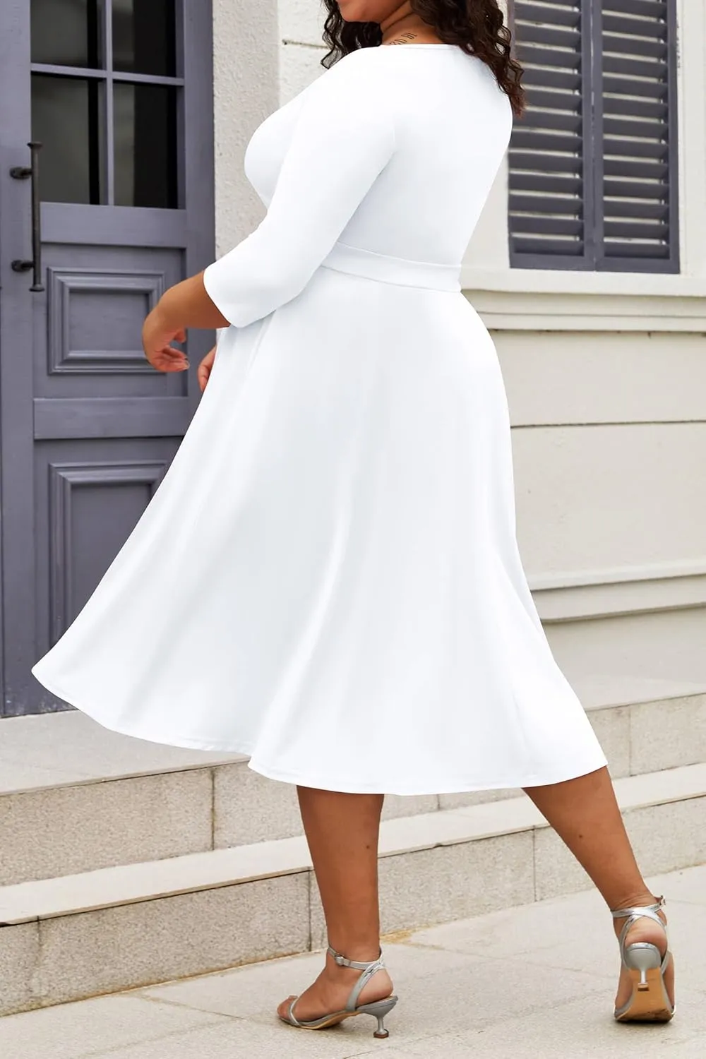 CLOCOR Women's Plus Size Midi Dress 3/4 Sleeve A-Line Swing Dress V Neck Flowy Casual Dresses
