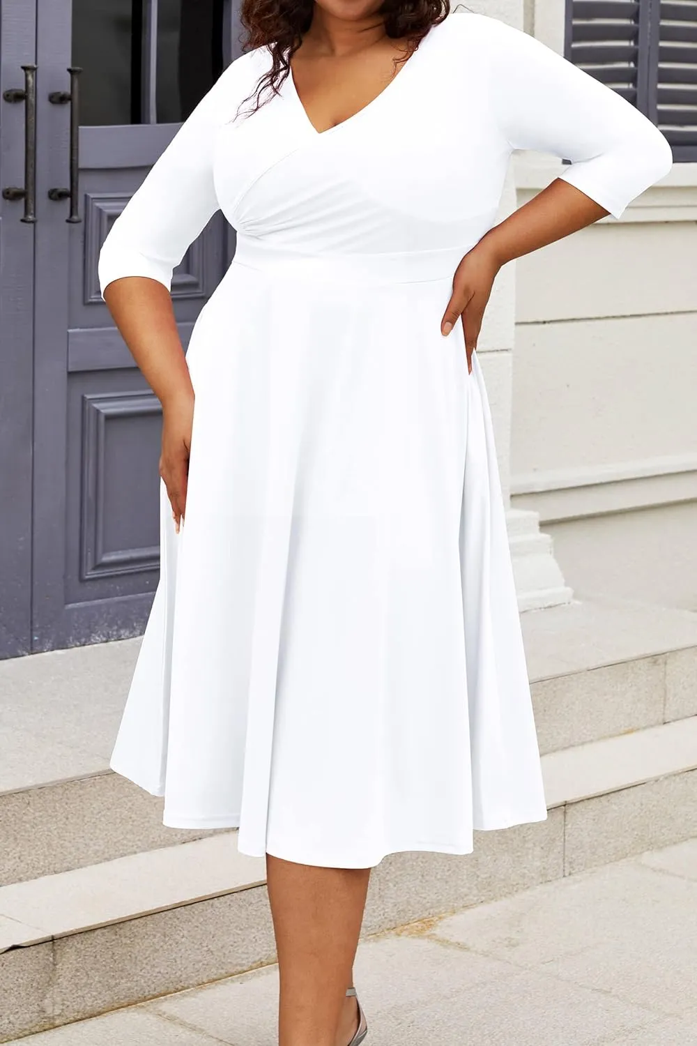 CLOCOR Women's Plus Size Midi Dress 3/4 Sleeve A-Line Swing Dress V Neck Flowy Casual Dresses
