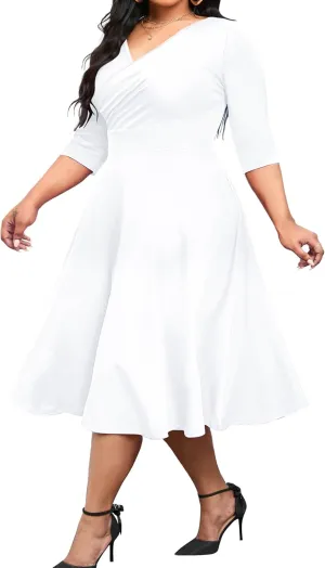 CLOCOR Women's Plus Size Midi Dress 3/4 Sleeve A-Line Swing Dress V Neck Flowy Casual Dresses