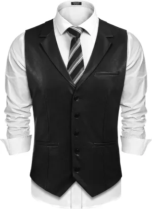 COOFANDY Men's Leather Suit Vest Casual Western Vest Jacket Lightweight V-Neck Dress Waistcoats