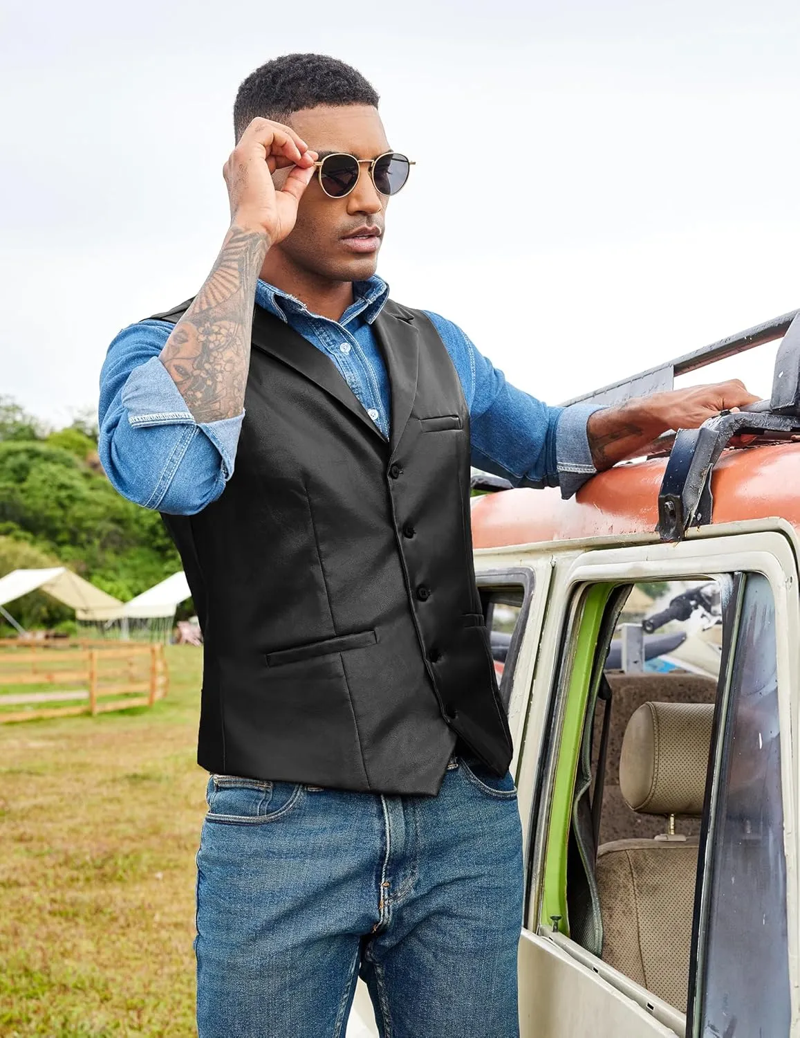 COOFANDY Men's Leather Suit Vest Casual Western Vest Jacket Lightweight V-Neck Dress Waistcoats