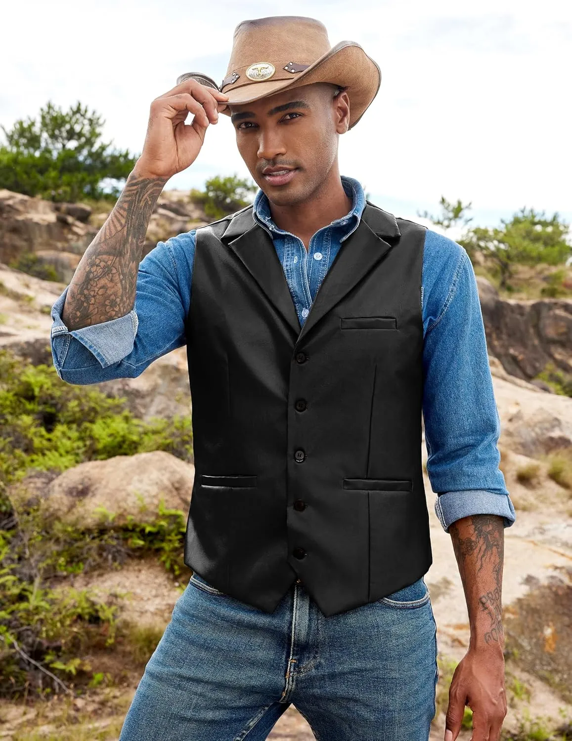 COOFANDY Men's Leather Suit Vest Casual Western Vest Jacket Lightweight V-Neck Dress Waistcoats