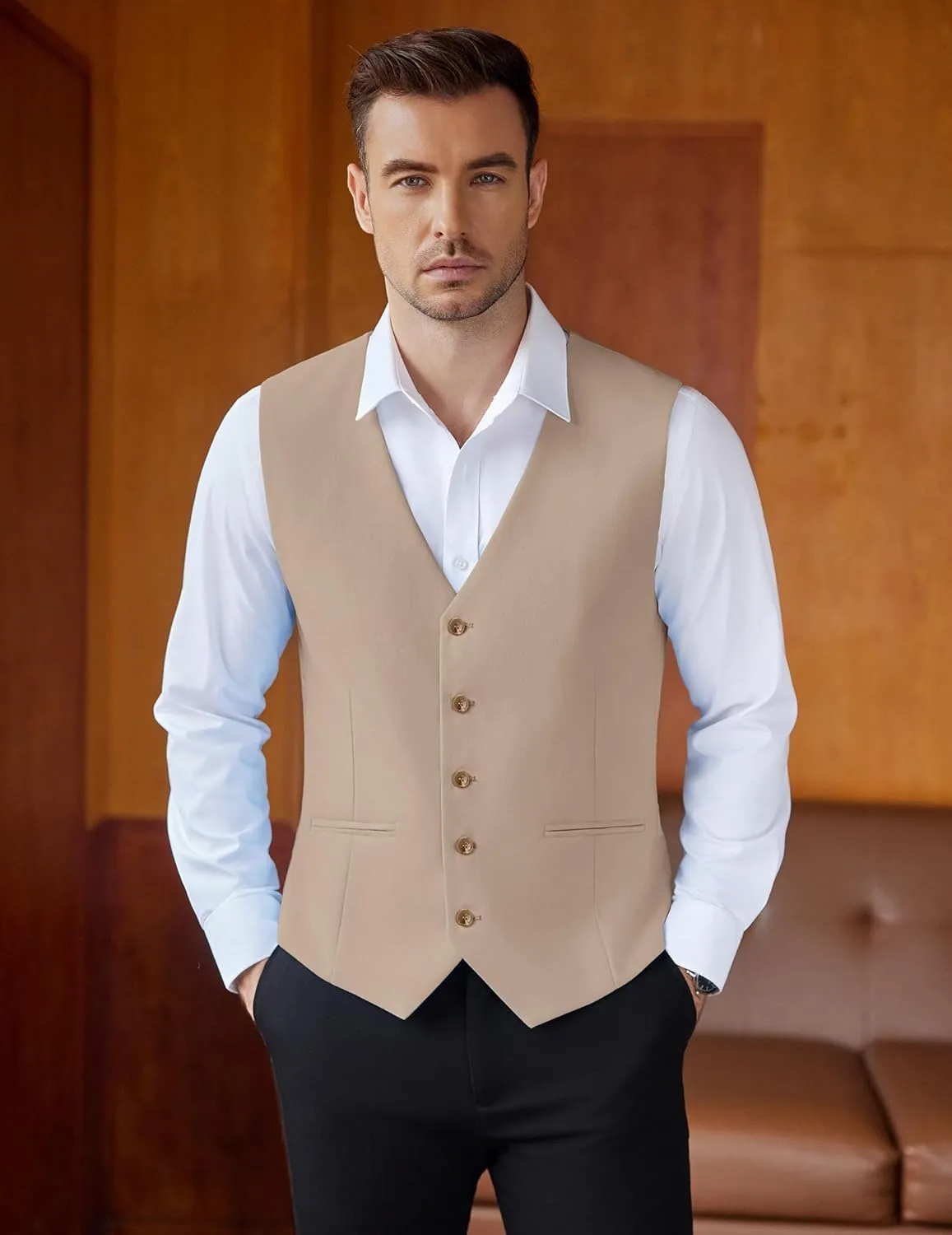 COOFANDY Men's Linen Vest Casual Linen Slim Fit Suit Vests Dress Waistcoat Wedding Business Prom