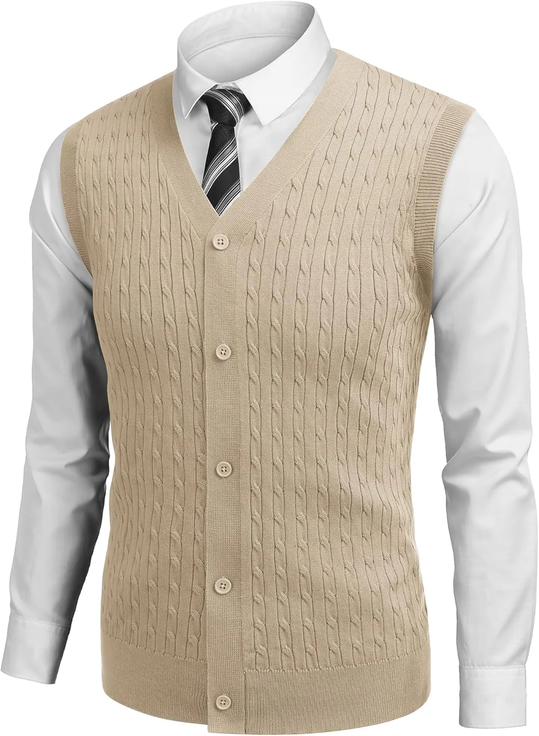 COOFANDY Men's Sleeveless Sweater Vest V-Neck Casual Cable Knit Button Down Cardigan Vest