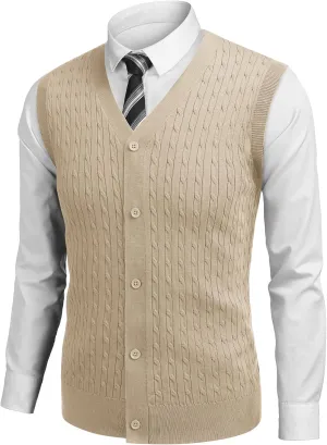 COOFANDY Men's Sleeveless Sweater Vest V-Neck Casual Cable Knit Button Down Cardigan Vest