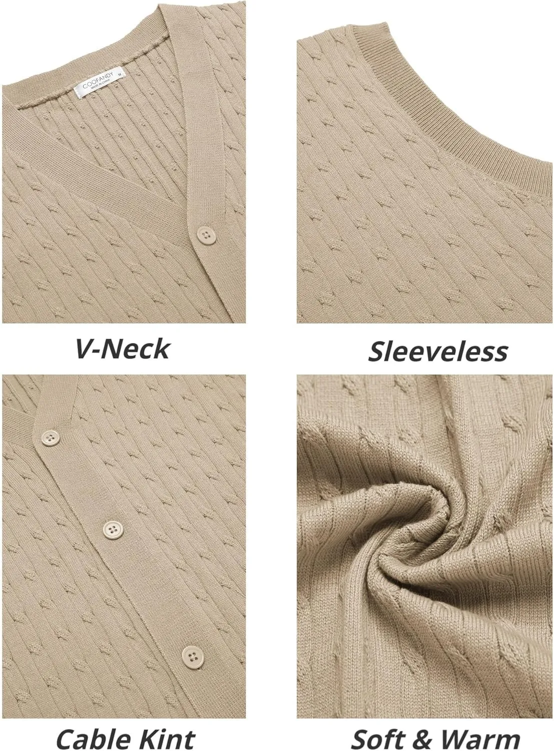 COOFANDY Men's Sleeveless Sweater Vest V-Neck Casual Cable Knit Button Down Cardigan Vest