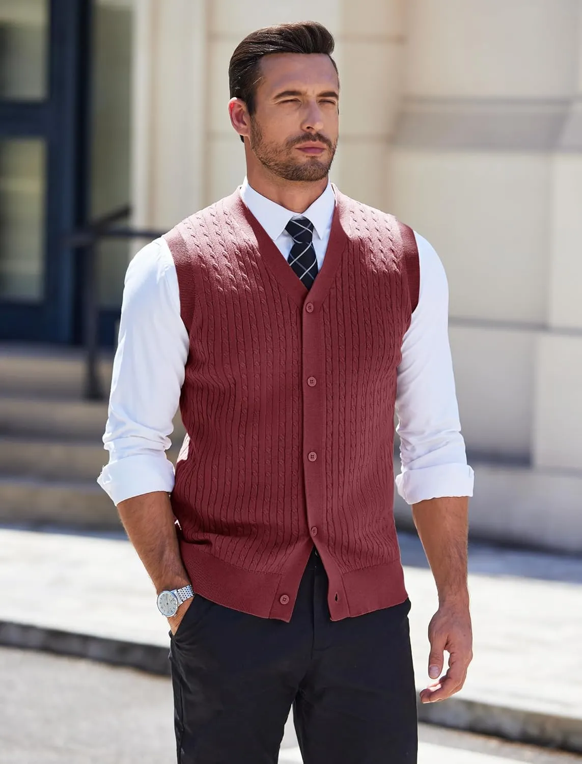 COOFANDY Men's Sleeveless Sweater Vest V-Neck Casual Cable Knit Button Down Cardigan Vest