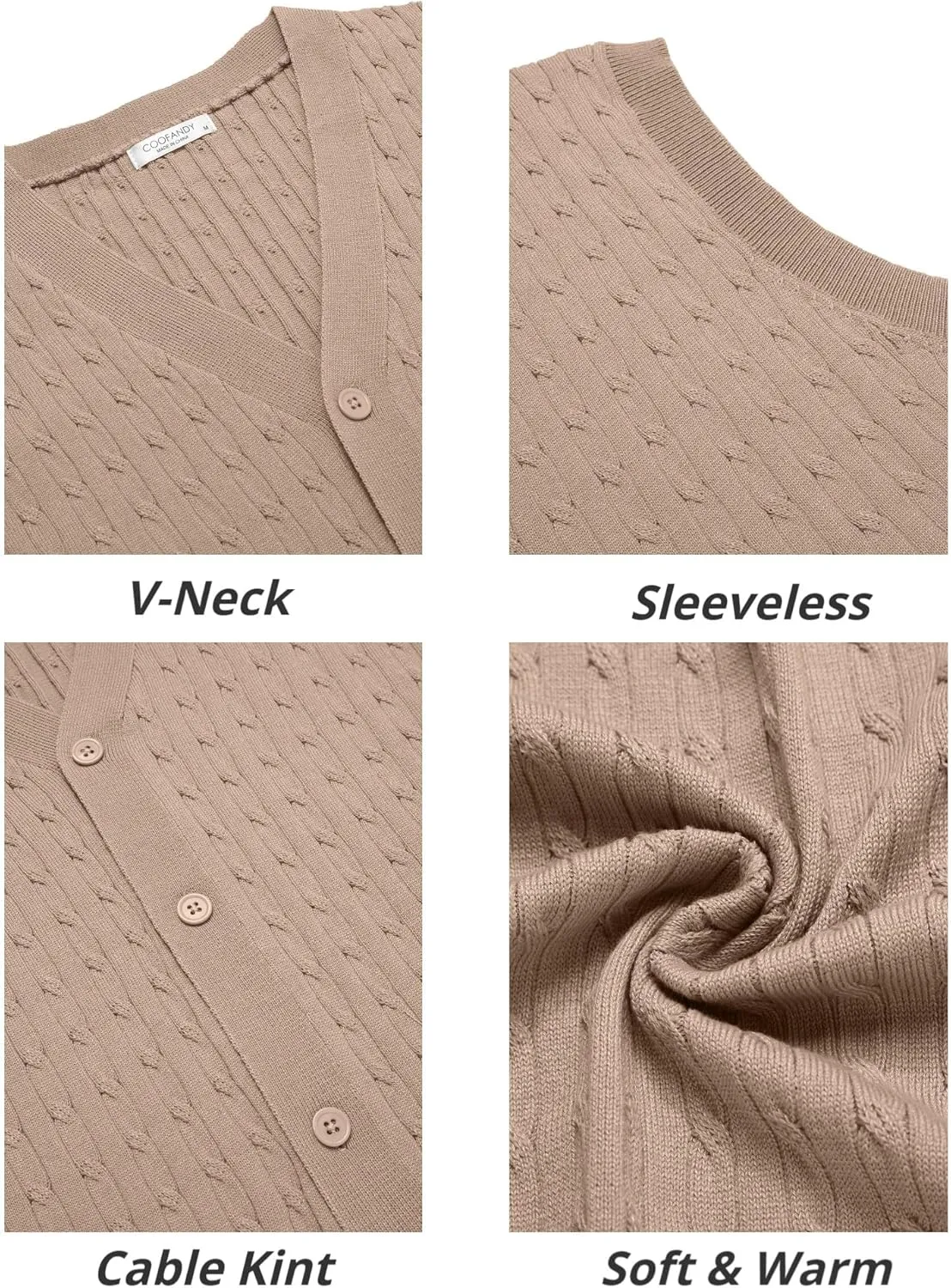 COOFANDY Men's Sleeveless Sweater Vest V-Neck Casual Cable Knit Button Down Cardigan Vest