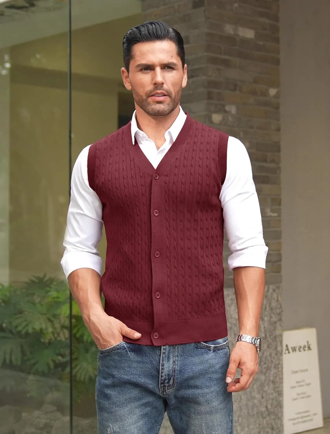 COOFANDY Men's Sleeveless Sweater Vest V-Neck Casual Cable Knit Button Down Cardigan Vest
