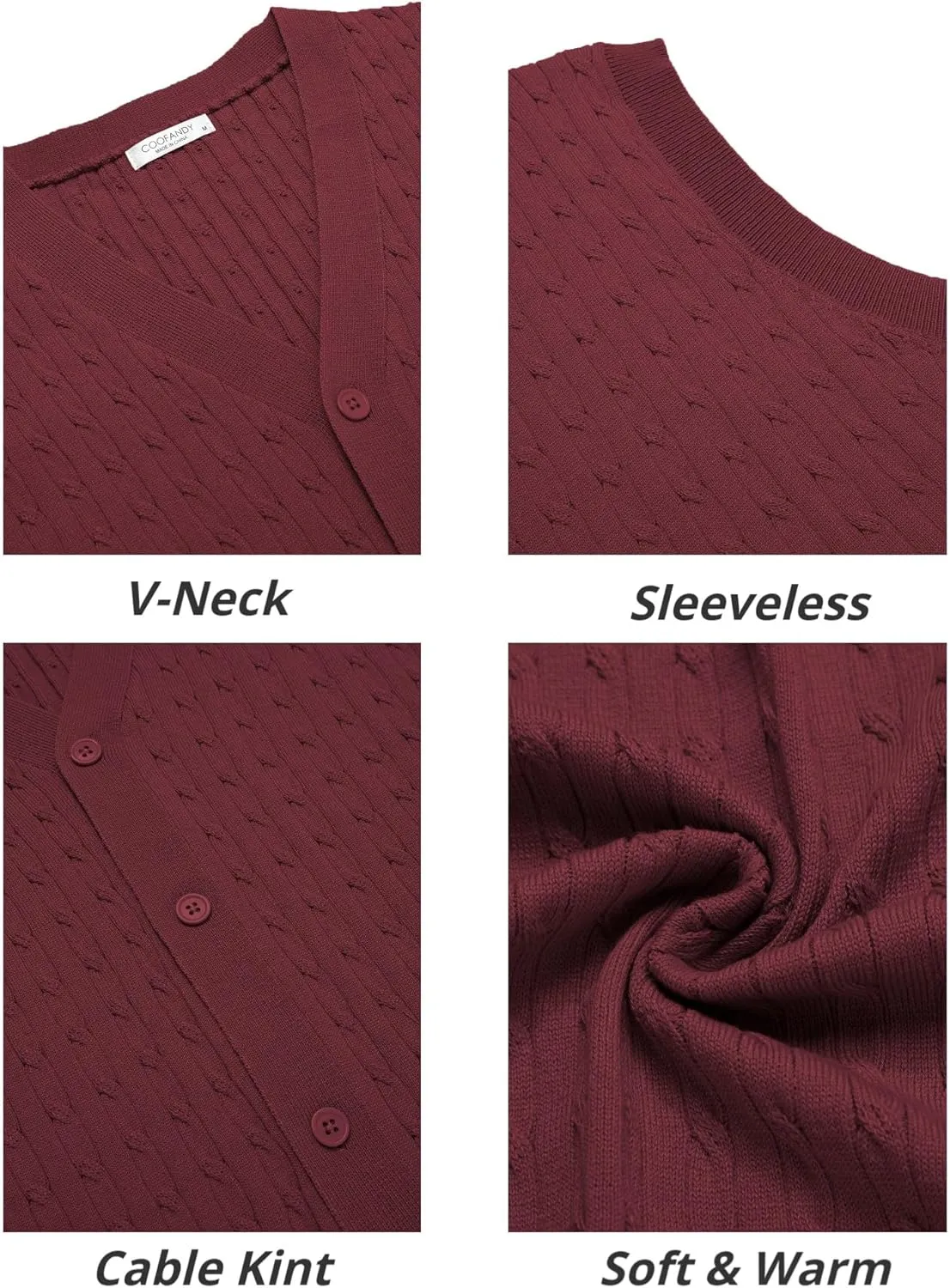 COOFANDY Men's Sleeveless Sweater Vest V-Neck Casual Cable Knit Button Down Cardigan Vest