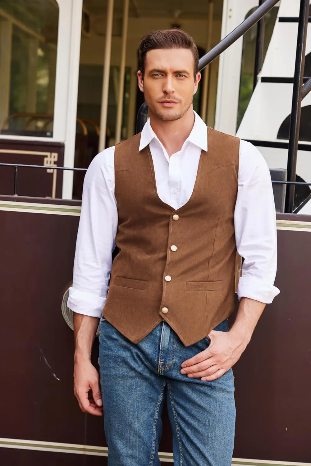 COOFANDY Men's Suede Leather Suit Vest Casual Western Vest Jacket Slim Fit Vest Waistcoat