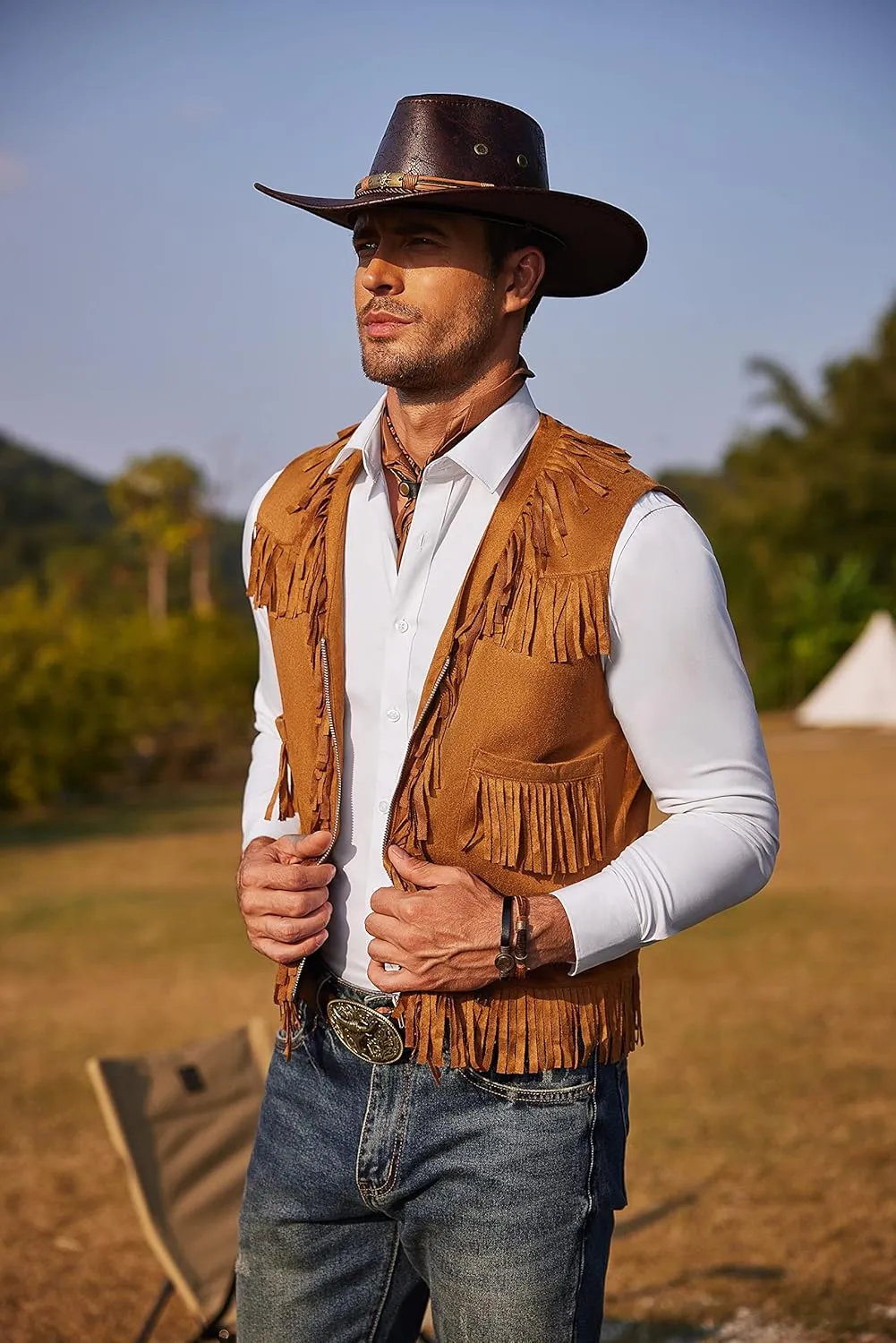 COOFANDY Men's Western Cowboy Vest Casual Fringe Hippie Costume V Neck Zipper Suede Leather Waistcoat
