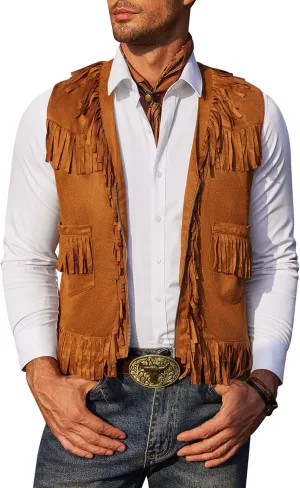 COOFANDY Men's Western Cowboy Vest Casual Fringe Hippie Costume V Neck Zipper Suede Leather Waistcoat