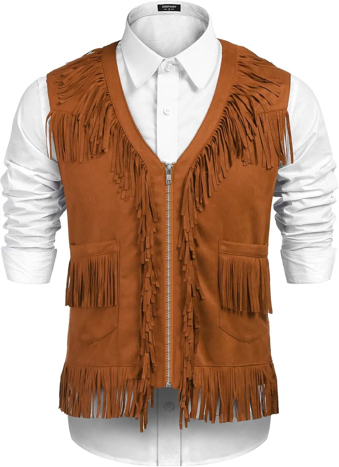 COOFANDY Men's Western Cowboy Vest Casual Fringe Hippie Costume V Neck Zipper Suede Leather Waistcoat