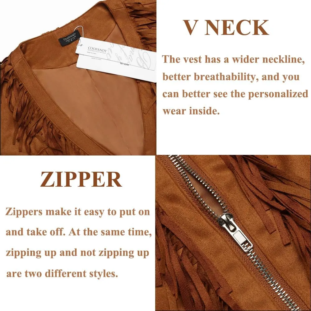 COOFANDY Men's Western Cowboy Vest Casual Fringe Hippie Costume V Neck Zipper Suede Leather Waistcoat