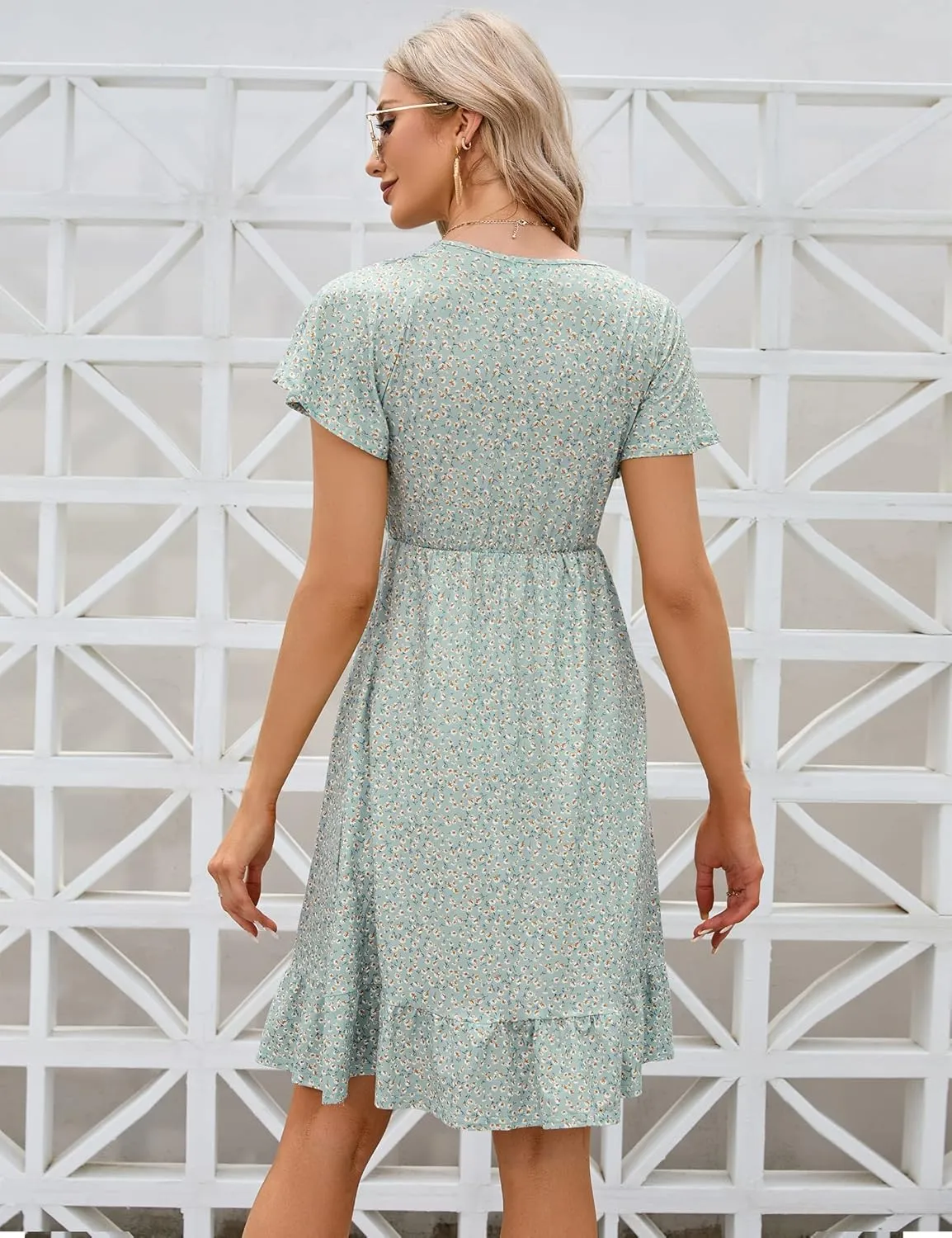 Coolmee Women's Maternity Short Sleeve Ruffle Dress V Neck Summer Casual Smocked Flowy Midi Dress for Baby Shower Photoshoot
