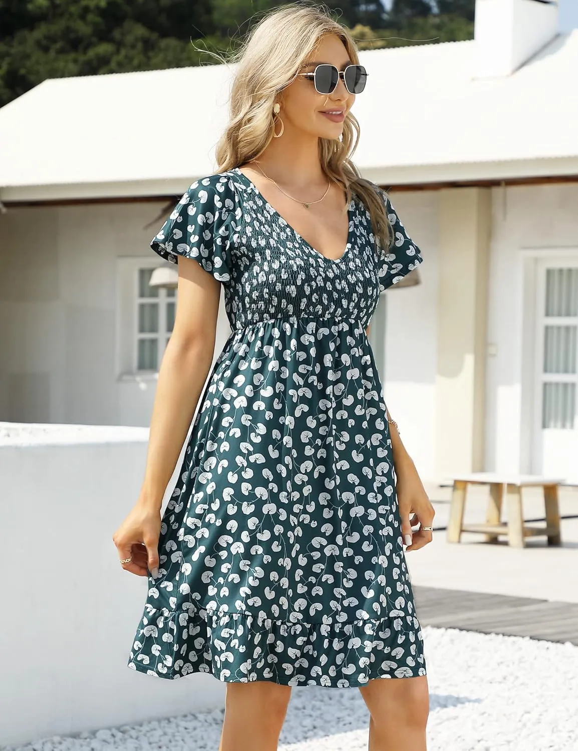 Coolmee Women's Maternity Short Sleeve Ruffle Dress V Neck Summer Casual Smocked Flowy Midi Dress for Baby Shower Photoshoot