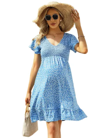 Coolmee Women's Maternity Short Sleeve Ruffle Dress V Neck Summer Casual Smocked Flowy Midi Dress for Baby Shower Photoshoot