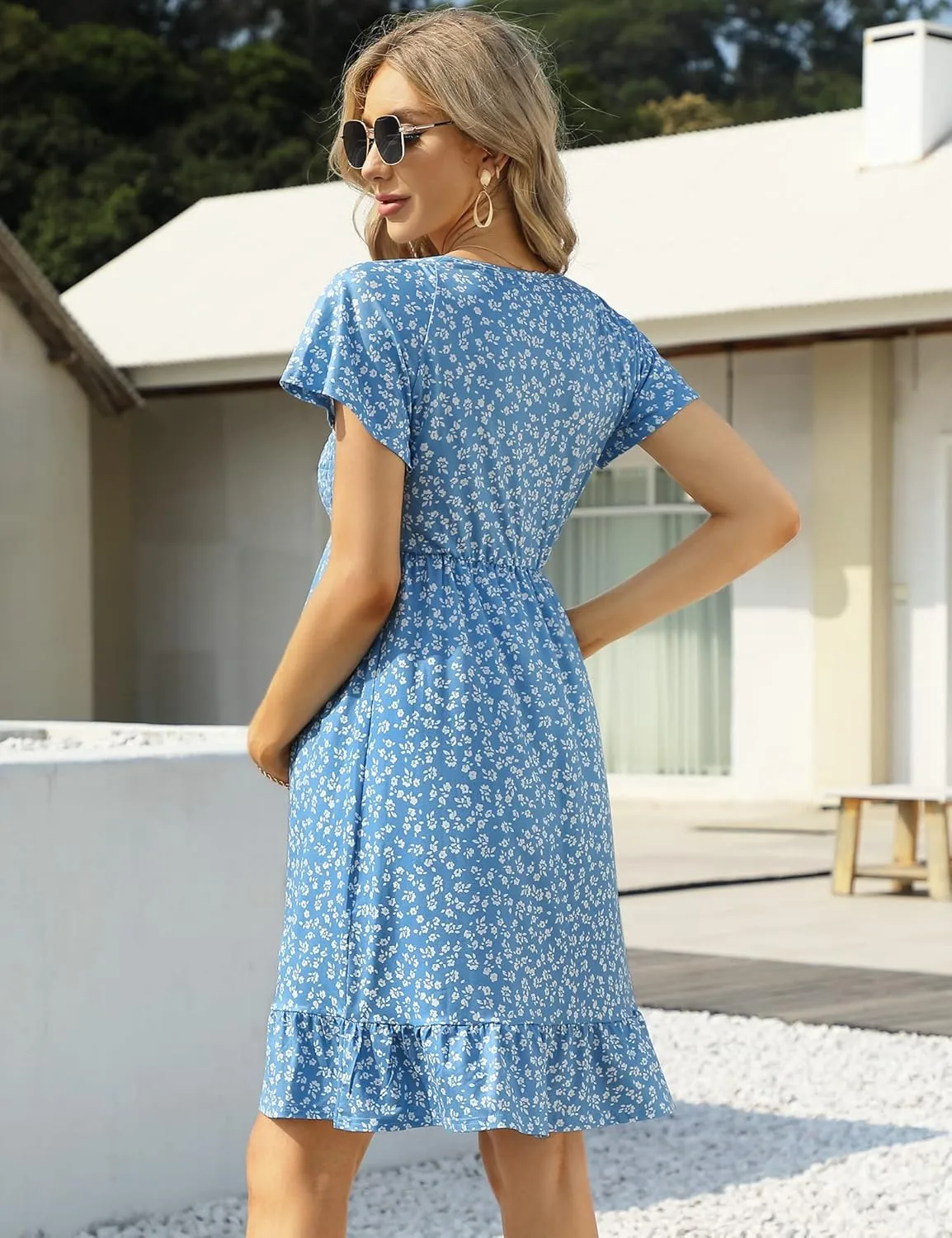 Coolmee Women's Maternity Short Sleeve Ruffle Dress V Neck Summer Casual Smocked Flowy Midi Dress for Baby Shower Photoshoot