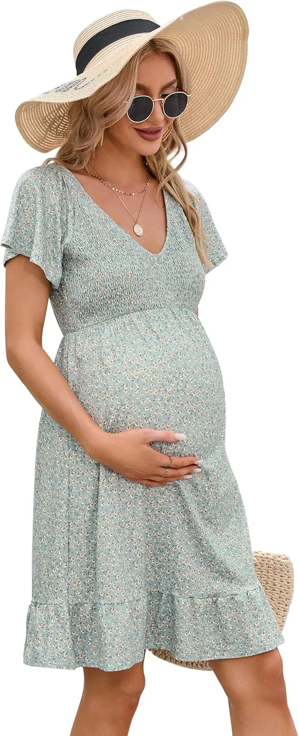 Coolmee Women's Maternity Short Sleeve Ruffle Dress V Neck Summer Casual Smocked Flowy Midi Dress for Baby Shower Photoshoot