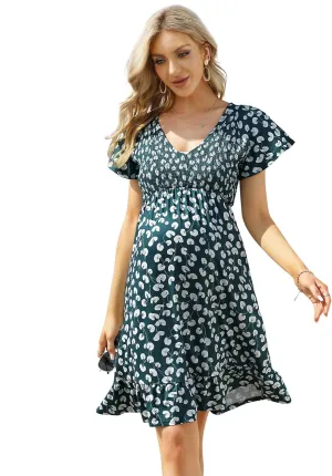 Coolmee Women's Maternity Short Sleeve Ruffle Dress V Neck Summer Casual Smocked Flowy Midi Dress for Baby Shower Photoshoot