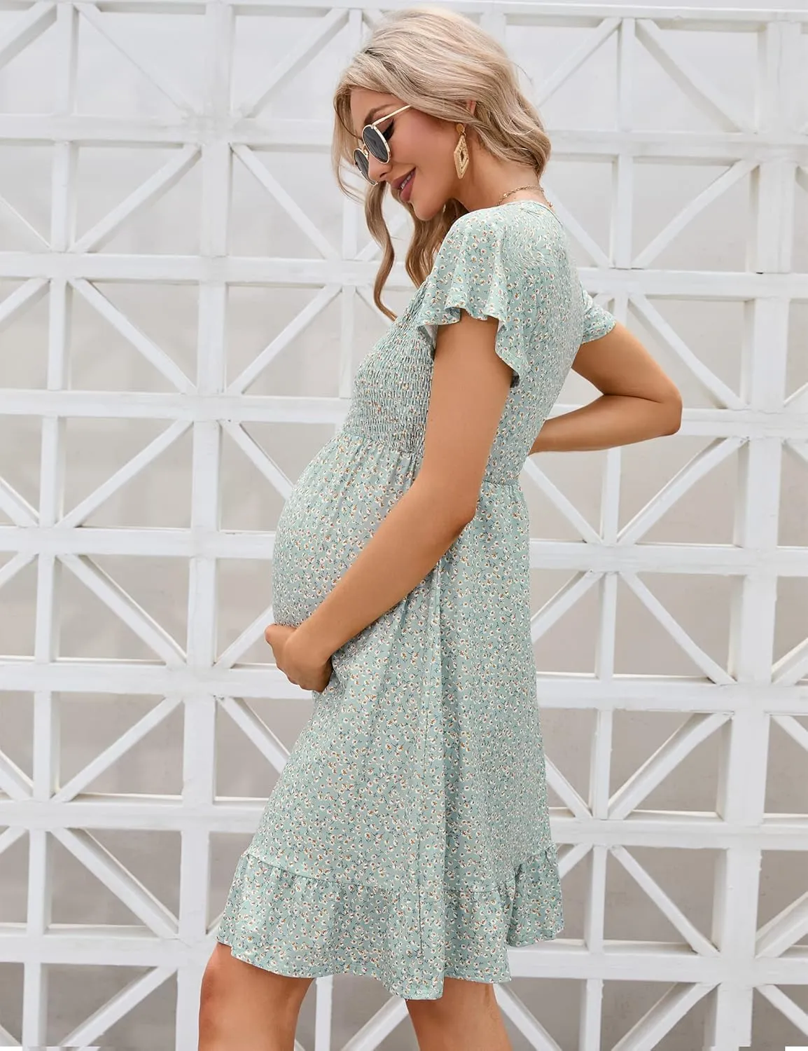 Coolmee Women's Maternity Short Sleeve Ruffle Dress V Neck Summer Casual Smocked Flowy Midi Dress for Baby Shower Photoshoot
