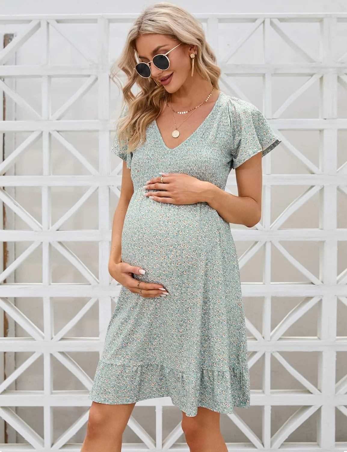 Coolmee Women's Maternity Short Sleeve Ruffle Dress V Neck Summer Casual Smocked Flowy Midi Dress for Baby Shower Photoshoot