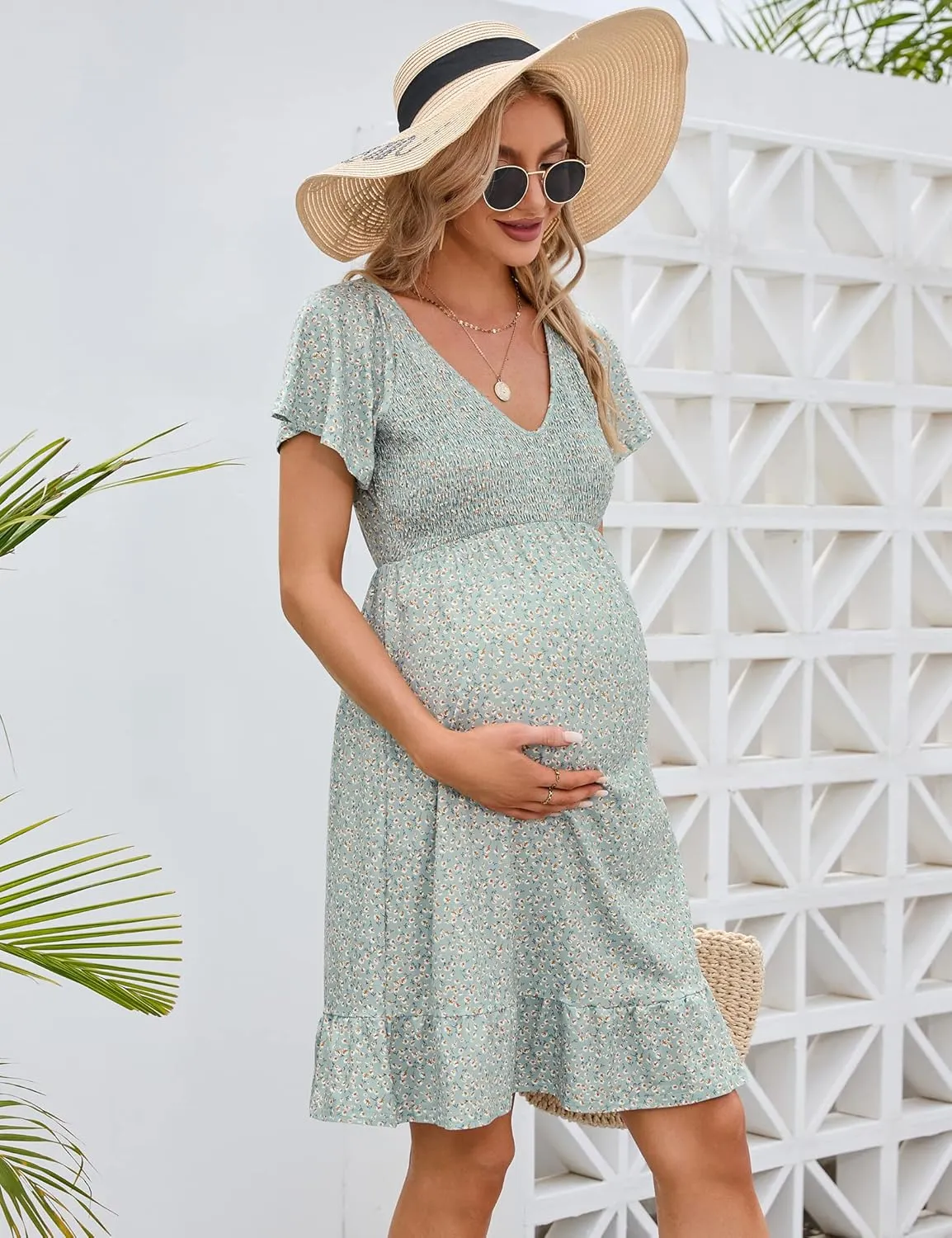 Coolmee Women's Maternity Short Sleeve Ruffle Dress V Neck Summer Casual Smocked Flowy Midi Dress for Baby Shower Photoshoot