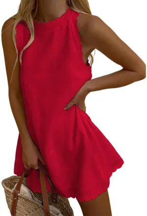 Costaric Women Casual Beach Tank Dress Scallop Trim Mock Neck Sleeveless Loose Cotton Linen Dresses Summer A-Line Sundress