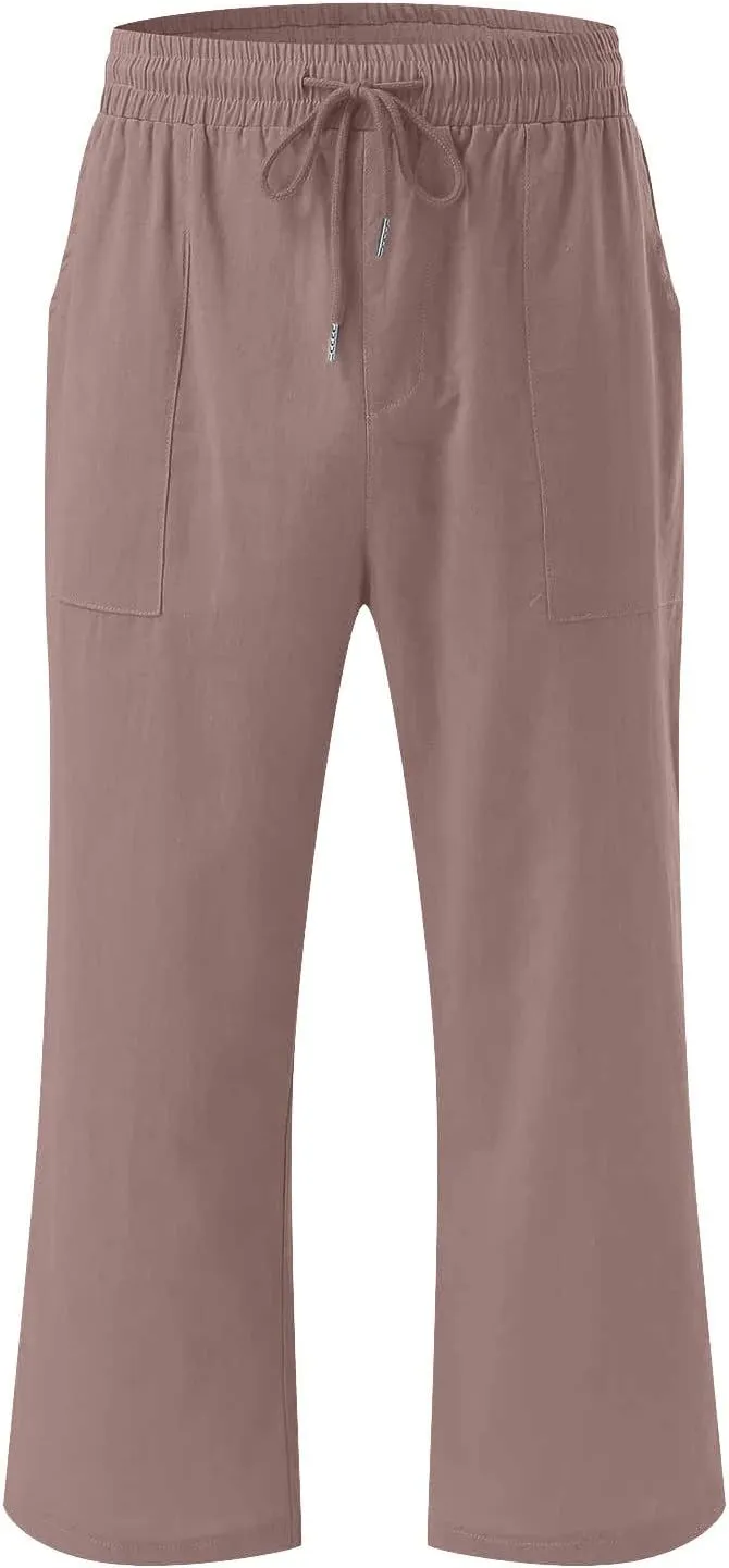 Cotton Linen Capris for Women Straight Leg Casual Summer Beach Pants Elastic Waist Pull On Capri Pants with Pockets