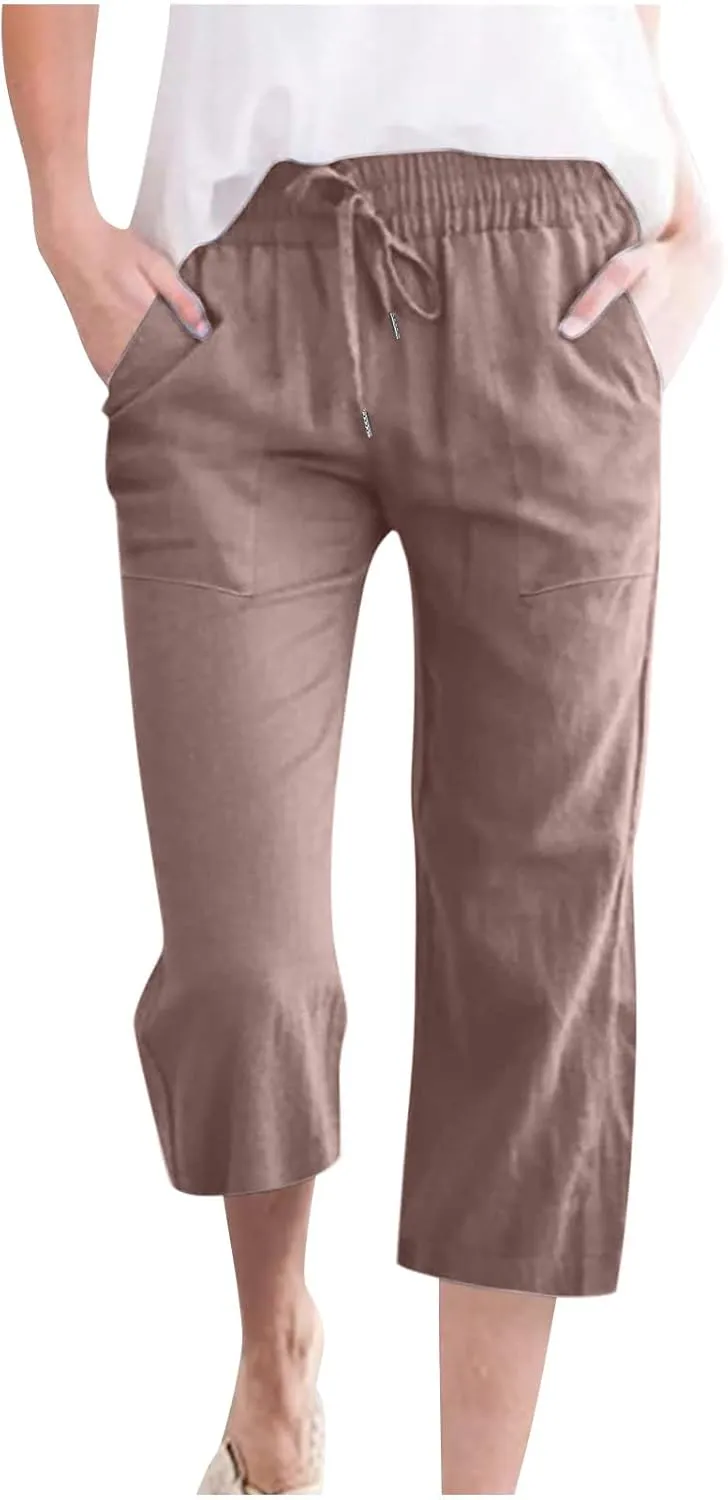 Cotton Linen Capris for Women Straight Leg Casual Summer Beach Pants Elastic Waist Pull On Capri Pants with Pockets