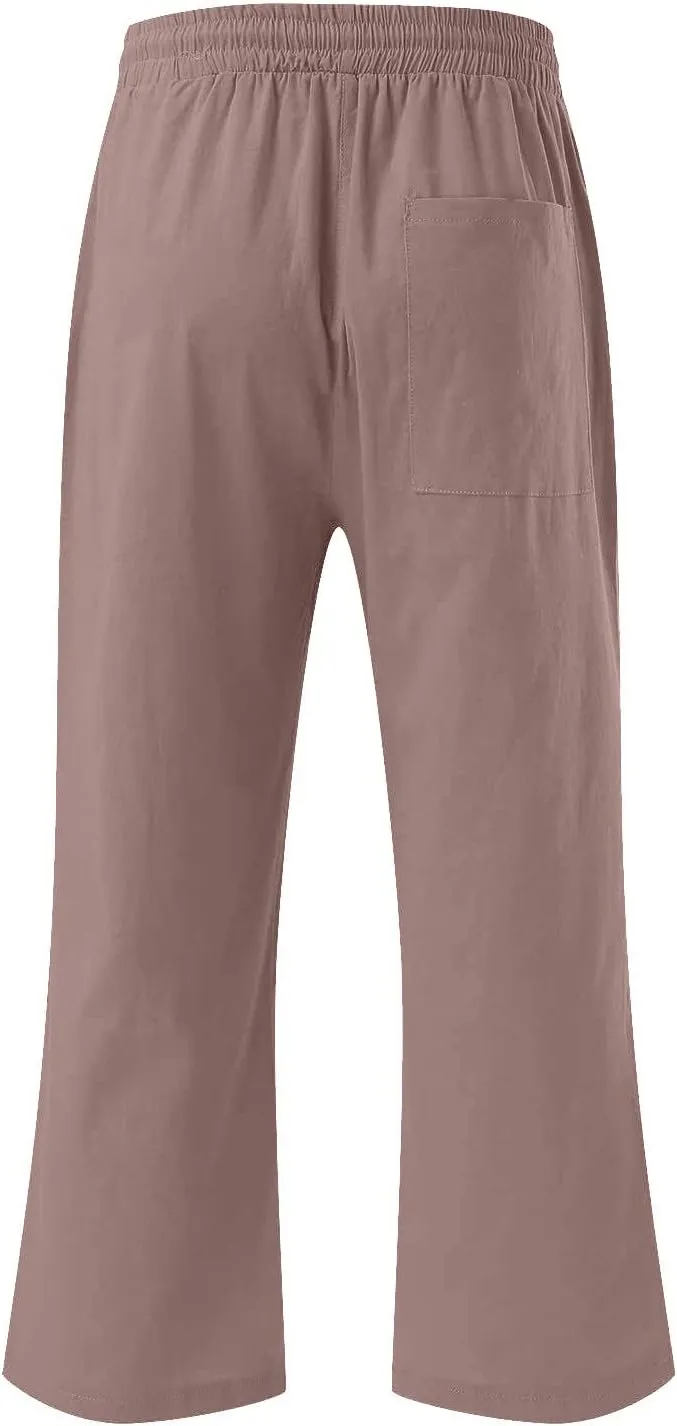 Cotton Linen Capris for Women Straight Leg Casual Summer Beach Pants Elastic Waist Pull On Capri Pants with Pockets