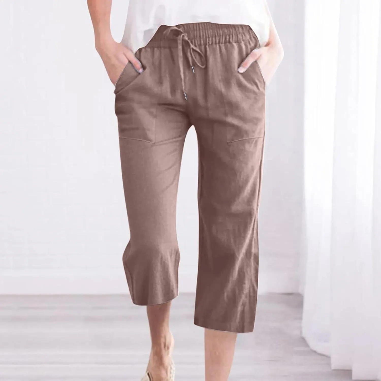 Cotton Linen Capris for Women Straight Leg Casual Summer Beach Pants Elastic Waist Pull On Capri Pants with Pockets