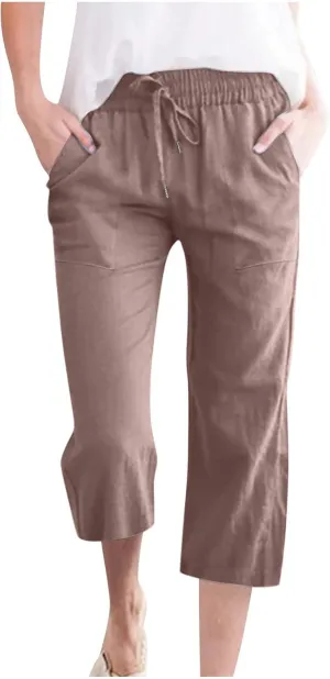 Cotton Linen Capris for Women Straight Leg Casual Summer Beach Pants Elastic Waist Pull On Capri Pants with Pockets