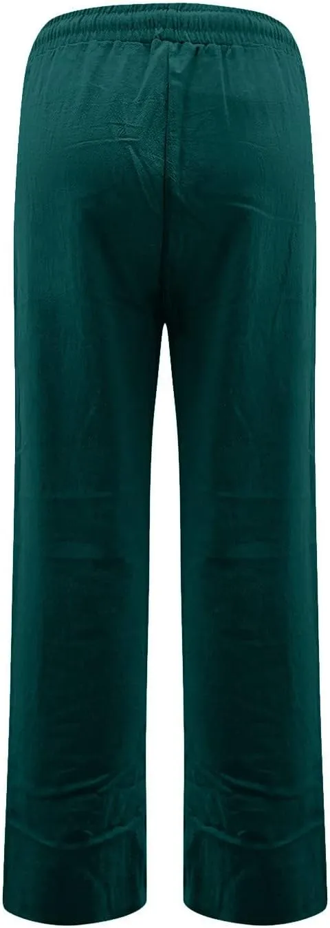 Cotton Linen Pants for Women Straight Leg Drawstring Long Trouser Loose Fit High Waist Beach Pants with Pockets
