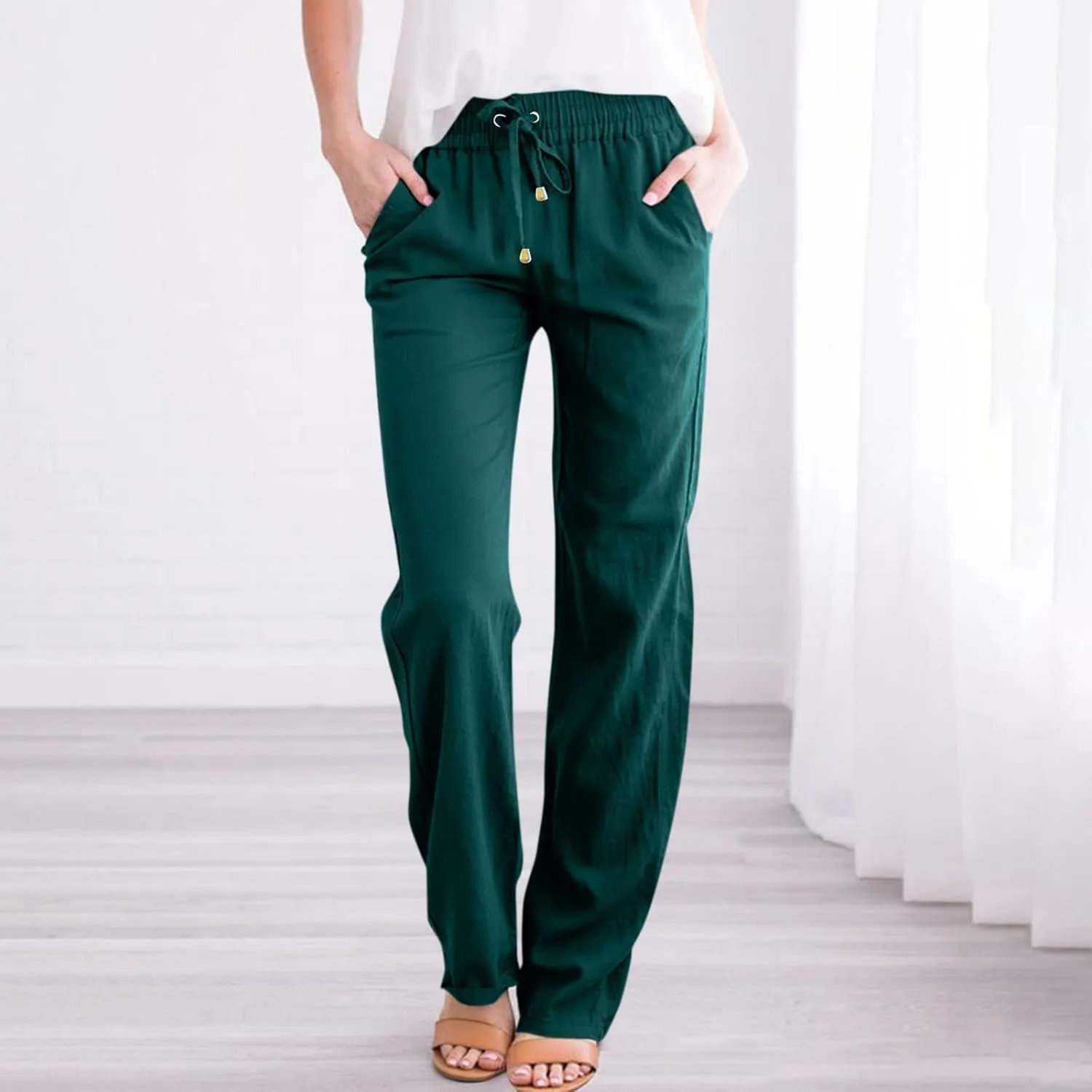 Cotton Linen Pants for Women Straight Leg Drawstring Long Trouser Loose Fit High Waist Beach Pants with Pockets