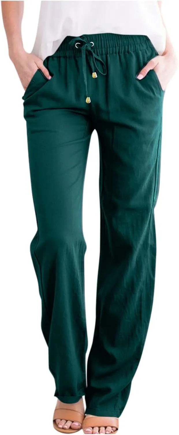 Cotton Linen Pants for Women Straight Leg Drawstring Long Trouser Loose Fit High Waist Beach Pants with Pockets