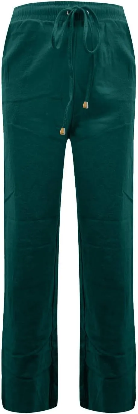 Cotton Linen Pants for Women Straight Leg Drawstring Long Trouser Loose Fit High Waist Beach Pants with Pockets