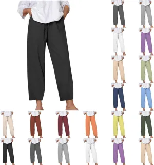 Cotton Linen Pants for Women Summer Casual Capri Pants Waist Elastic Comfy Loose Women's Palazzo Trousers with Pockets
