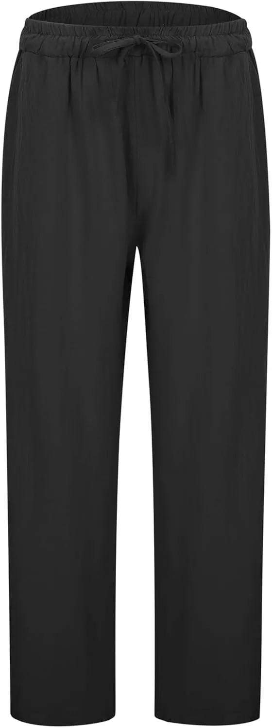 Cotton Linen Pants for Women Summer Casual Capri Pants Waist Elastic Comfy Loose Women's Palazzo Trousers with Pockets