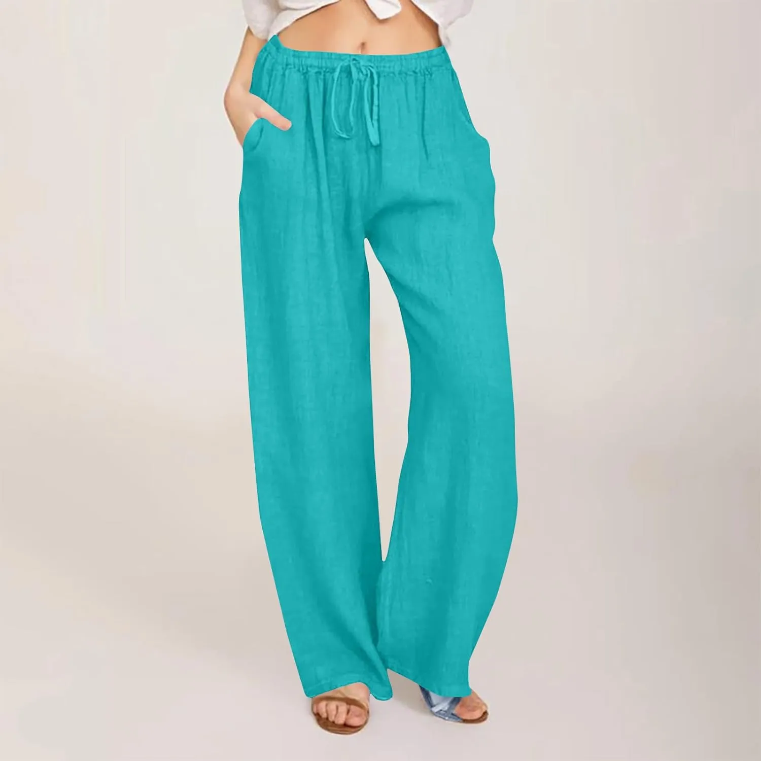 Cotton Linen Pants for Women Summer Loose Straight Leg Drawstring Trousers Casual Elastic Waist Long Pant with Pocket